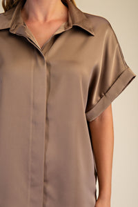 High Class Collared Satin Button Up Blouse - Mocha