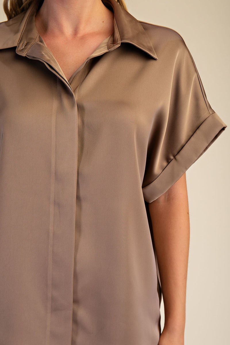High Class Collared Satin Button Up Blouse - Mocha
