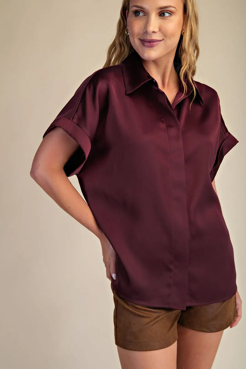 High Class Collared Satin Button Up Blouse - Burgundy