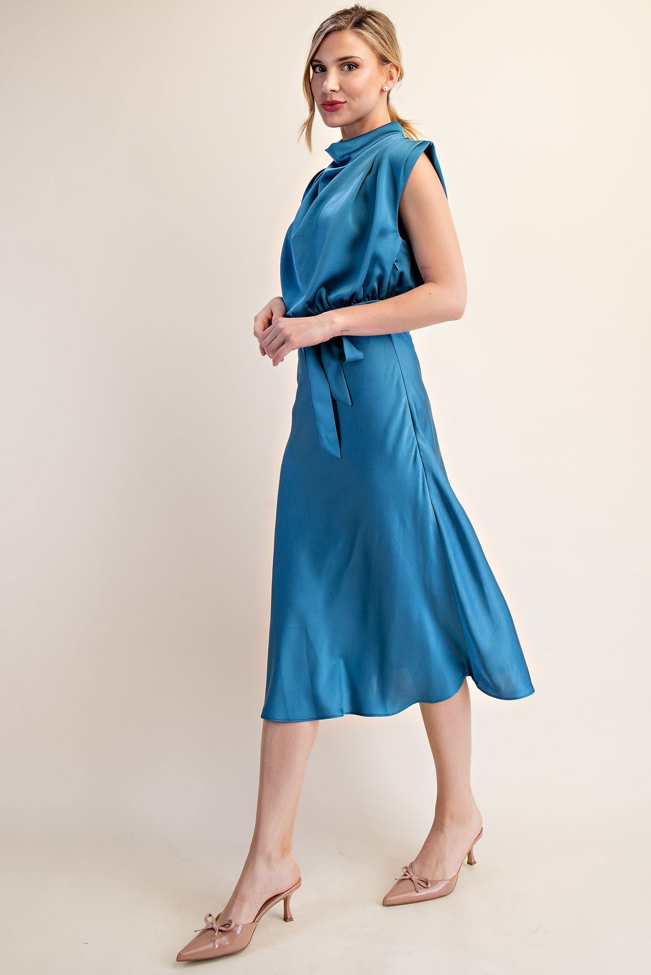 Electric Skyline Satin Cowl Neck Midi Dress - Blue