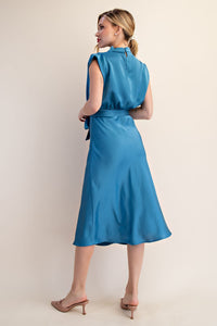 Electric Skyline Satin Cowl Neck Midi Dress - Blue