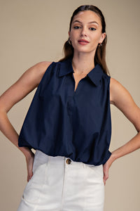 Seaside Social Sleeveless Bubble Hem Top - Navy