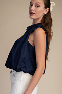 Seaside Social Sleeveless Bubble Hem Top - Navy