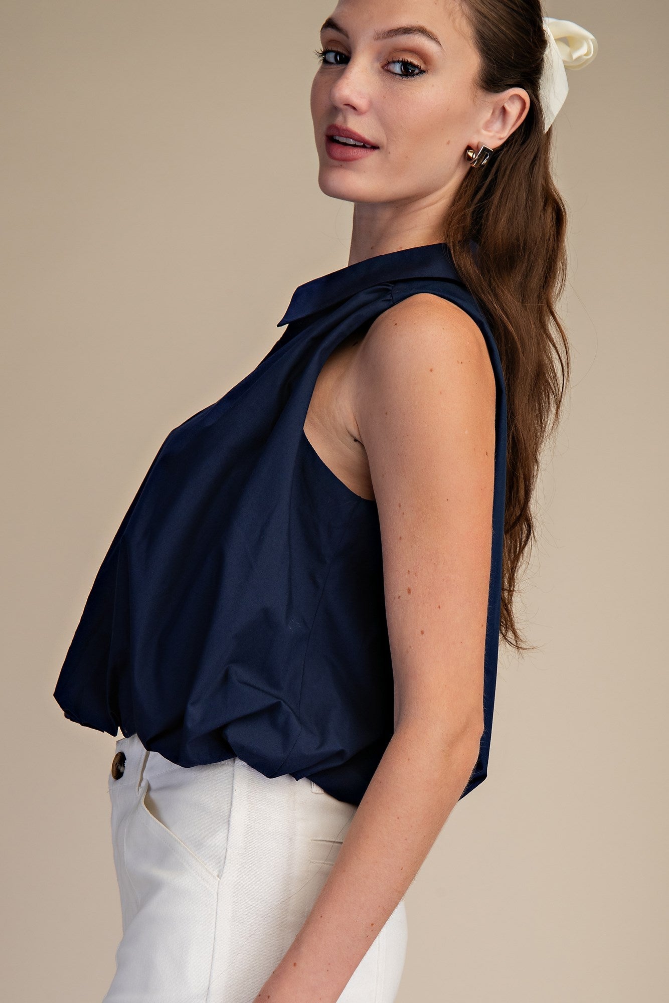 Seaside Social Sleeveless Bubble Hem Top - Navy