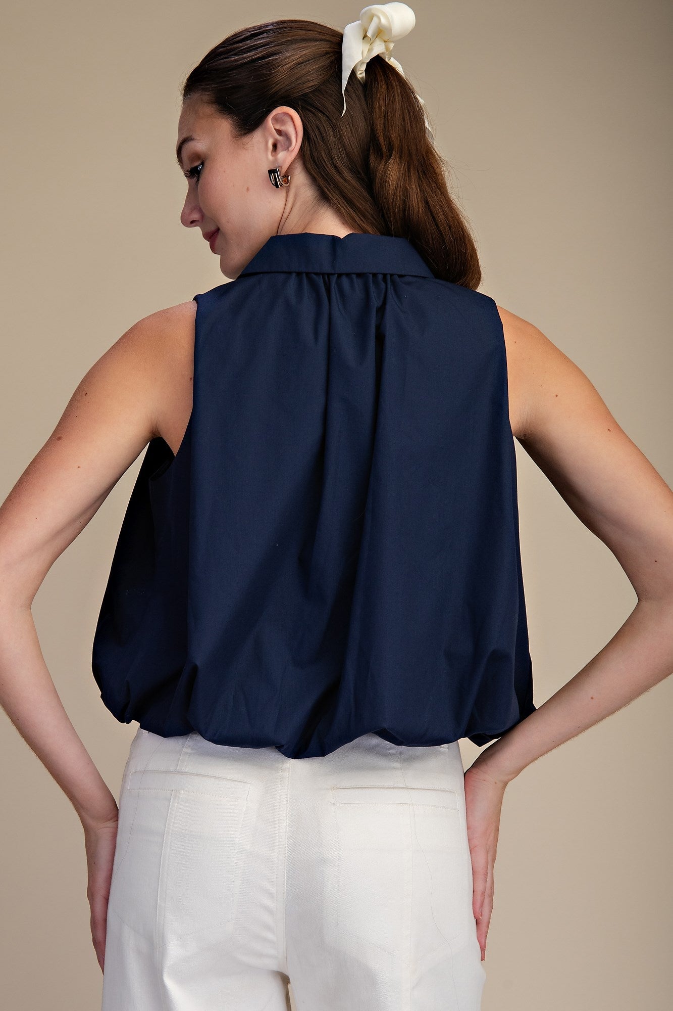 Seaside Social Sleeveless Bubble Hem Top - Navy