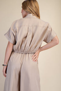 Champagne Drift Cropped Button Up Blouse - Beige