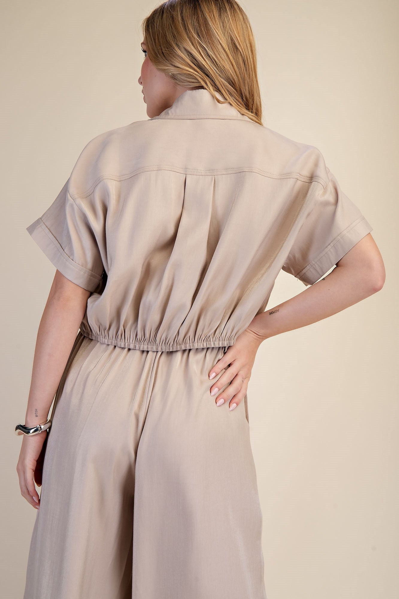 Champagne Drift Cropped Button Up Blouse - Beige