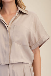Champagne Drift Cropped Button Up Blouse - Beige