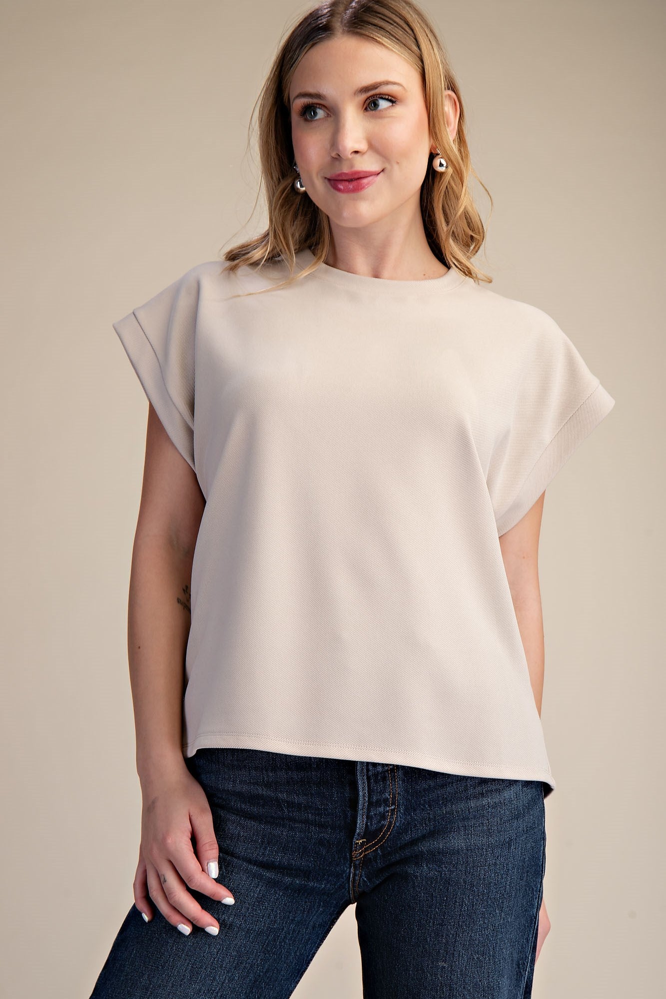 Better Everyday Cuffed Sleeve Basic Blouse in Beige