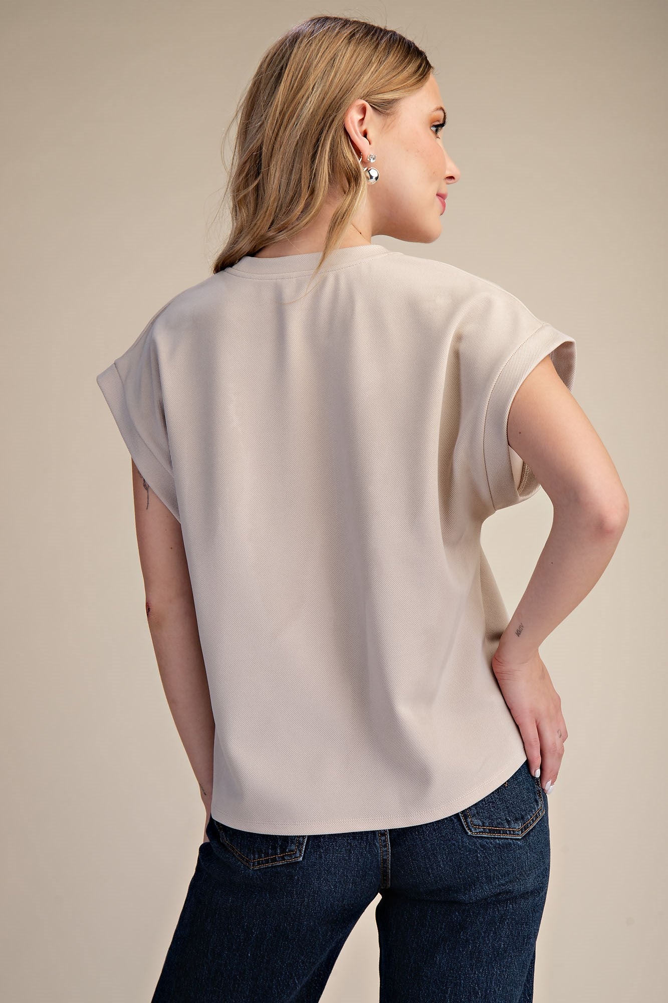 Better Everyday Cuffed Sleeve Basic Blouse in Beige