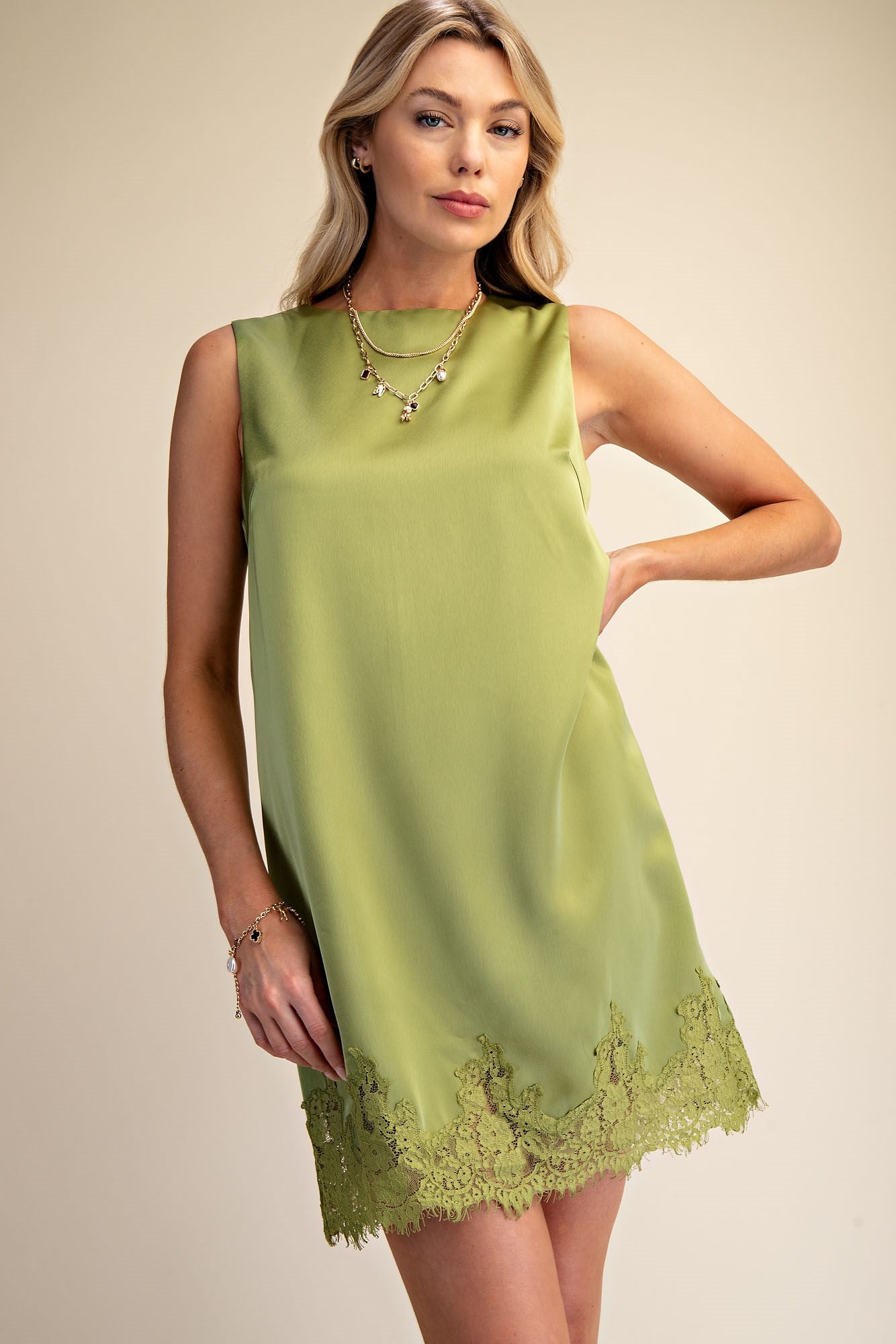 Green With Envy Satin Lace Trim Dress - Olive