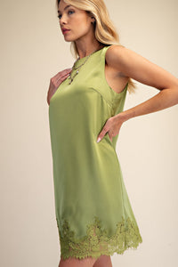 Green With Envy Satin Lace Trim Dress - Olive