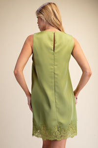 Green With Envy Satin Lace Trim Dress - Olive