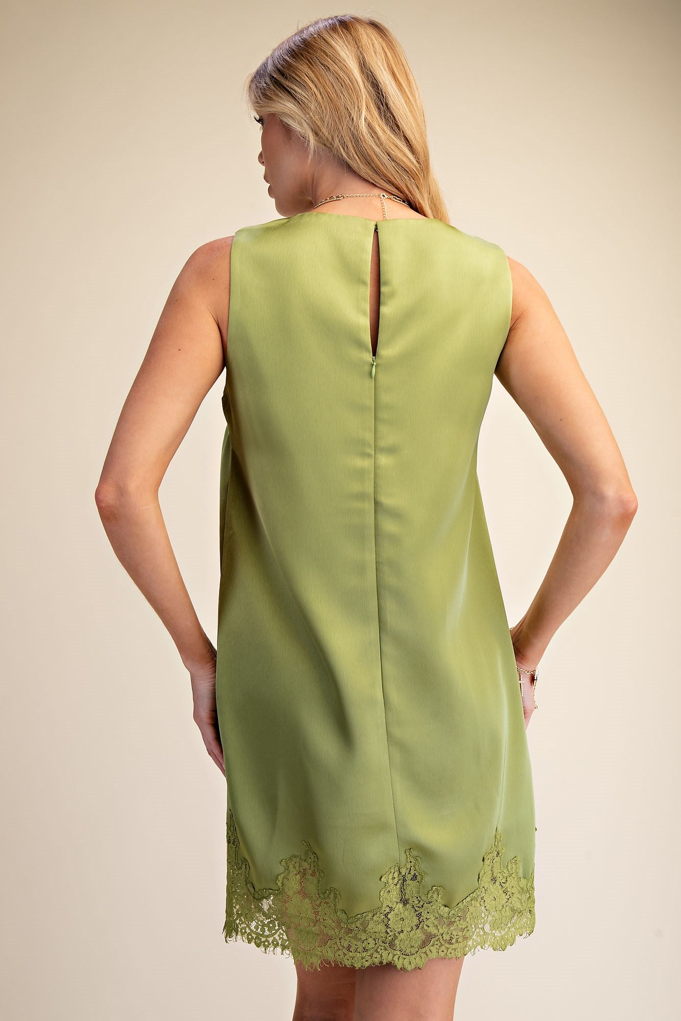 Green With Envy Satin Lace Trim Dress - Olive
