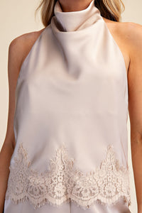 Midnight in Monaco Satin Lace Trim Halter Neck Top - Almond