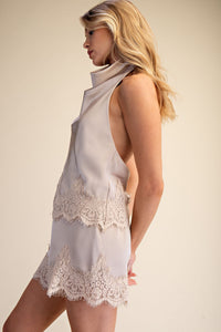 Midnight in Monaco Satin Lace Trim Halter Neck Top - Almond