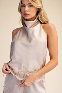 Midnight in Monaco Satin Lace Trim Halter Neck Top - Almond