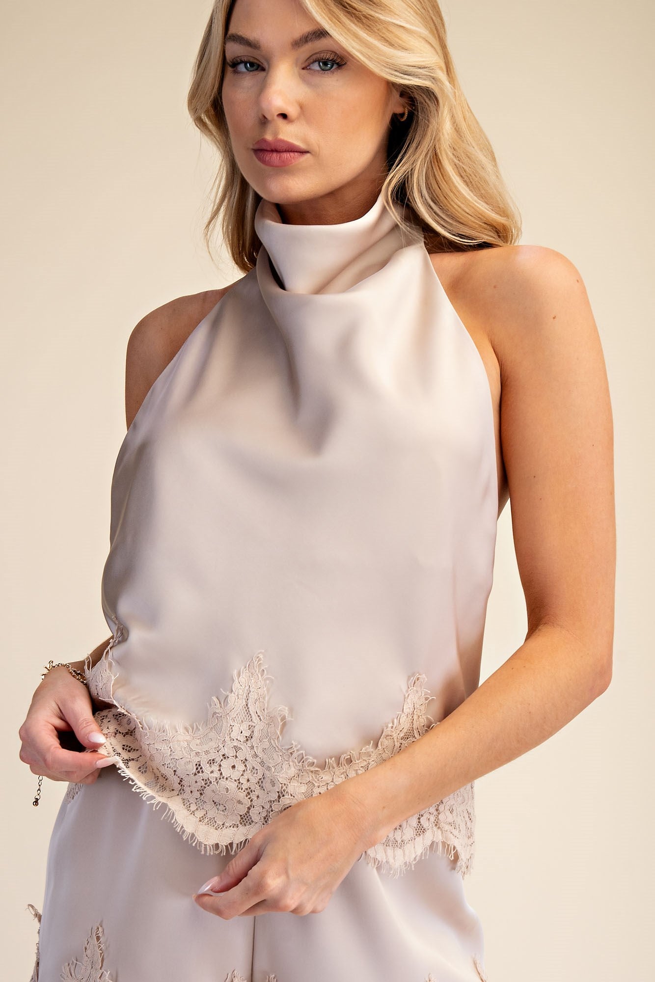 Midnight in Monaco Satin Lace Trim Halter Neck Top - Almond
