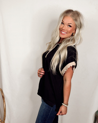 Casual Charm Half Zip Scalloped Knit Top - Black