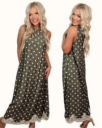Pretty in Polka Printed Halter Neck Maxi Dress w/ Lace Trim - Olive