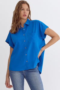 New & Noteworthy Button Up Blouse - Cobalt Blue