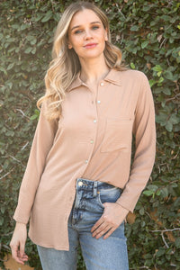 High Standards Hi-Low Button Up Tunic Blouse - Beige