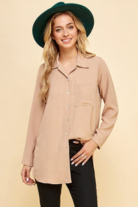 High Standards Hi-Low Button Up Tunic Blouse - Beige