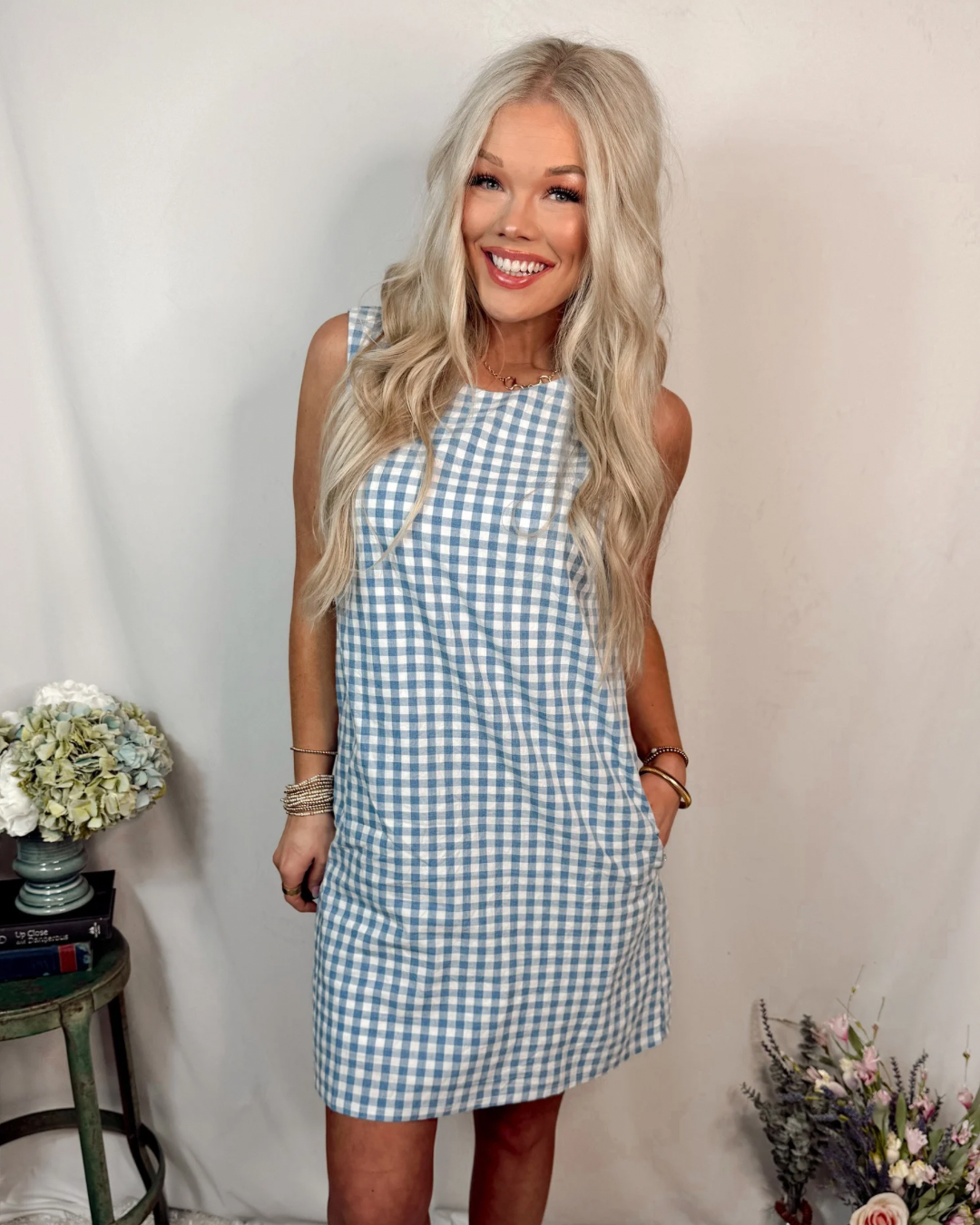 Seaside Sunday Gingham Print Mini Dress w/ Pockets - Blue