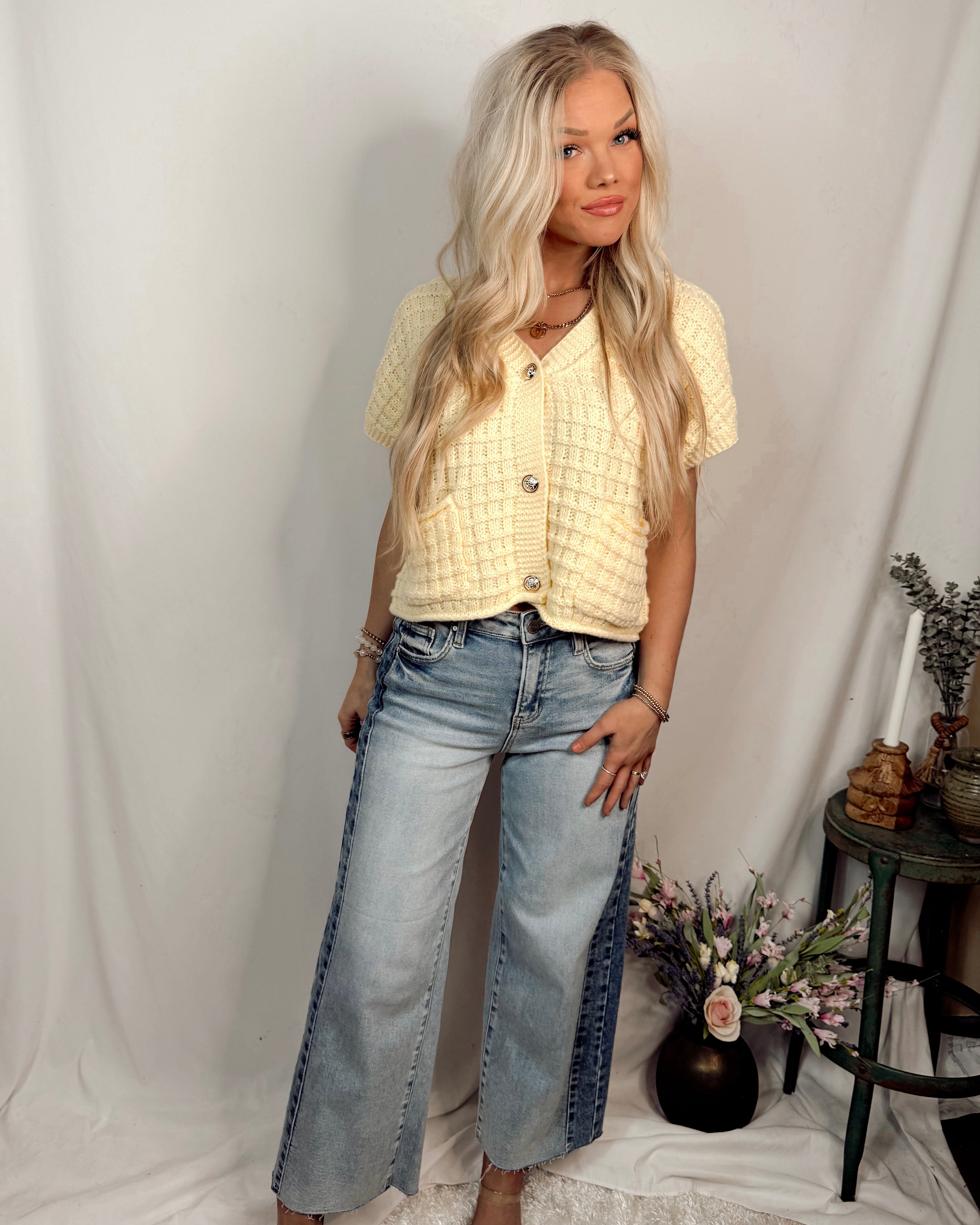 Wynona Woven Knit Button Up Blouse in Light Yellow