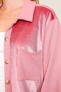 Uniquely Chic Two-Toned Contrast Velvet Detail Button Up Top - Rose