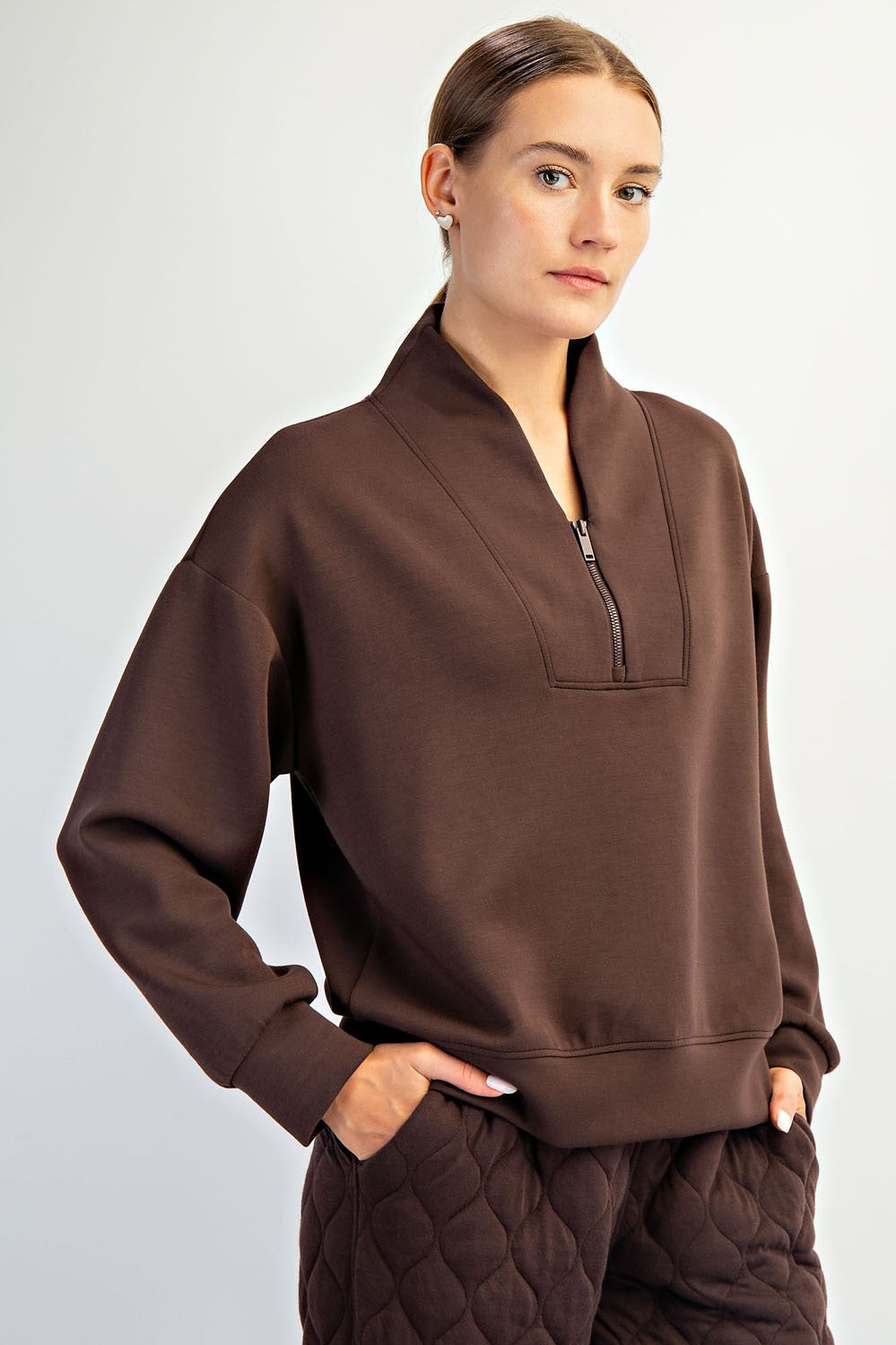 Cocoa Club Essential Luxe Basic Half Zip Pullover - Espresso