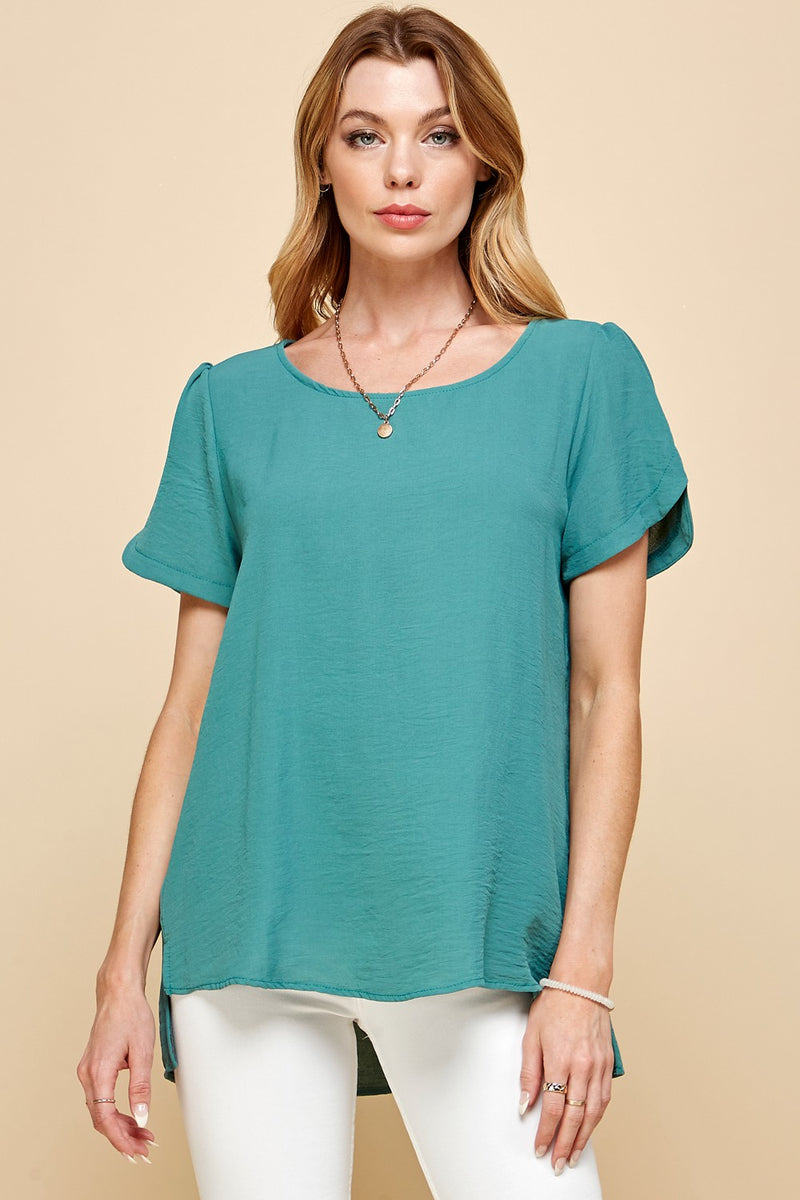 Haley Hi-Low Scallop Sleeve Blouse - Seafoam