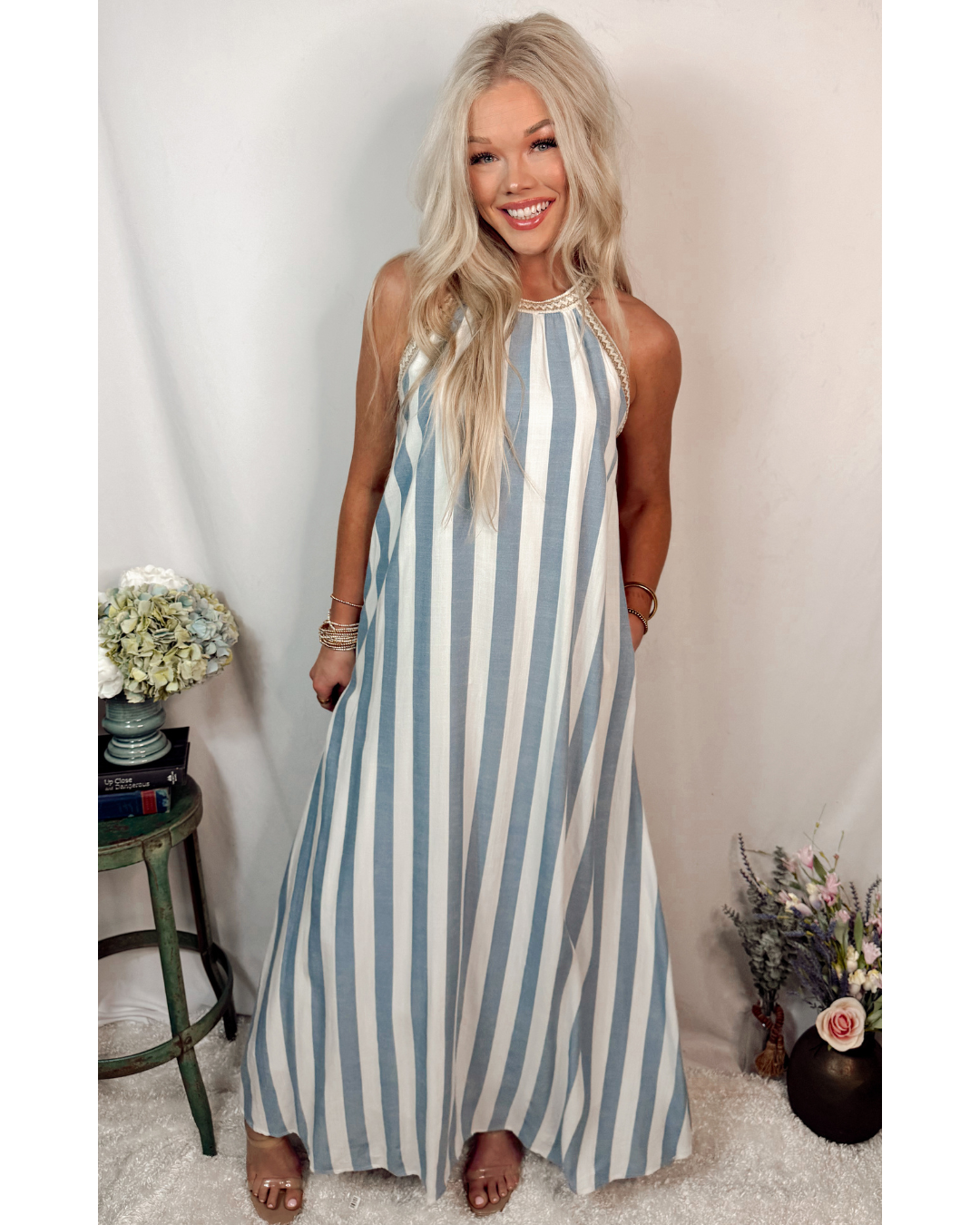 Barefoot Stripe Halter Neck Dress - Blue