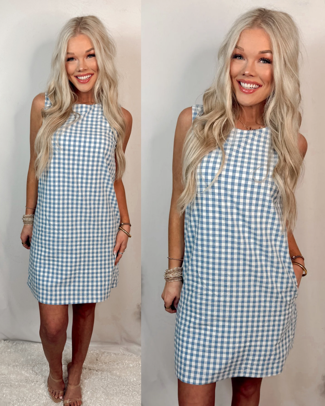 Seaside Sunday Gingham Print Mini Dress w/ Pockets - Blue