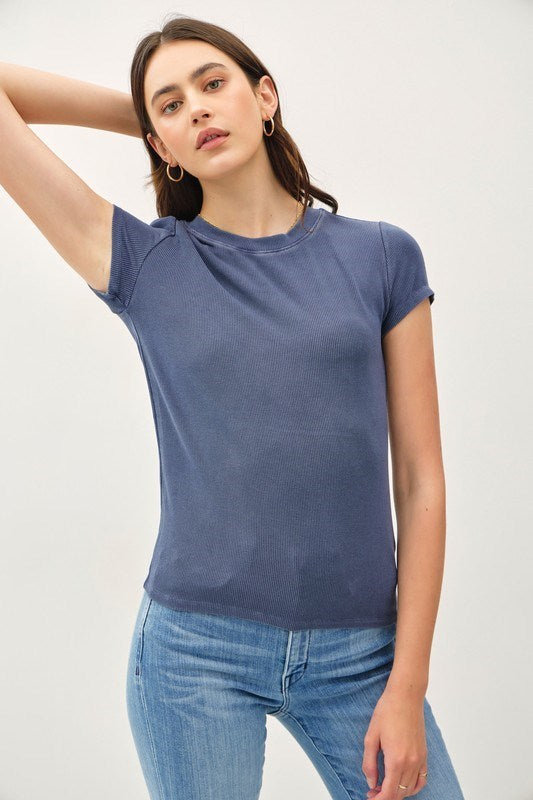 Renowned Ribbed Short Sleeve Top- Dusty Blue