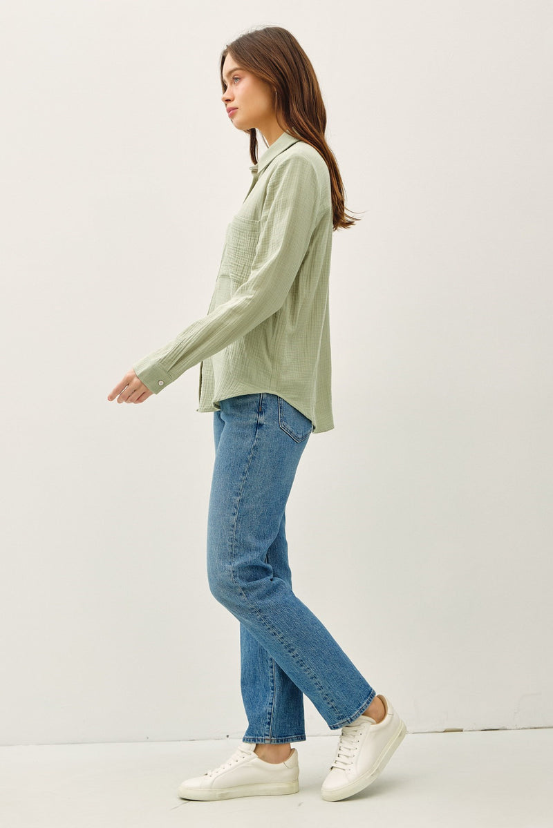 Upscale Long Sleeve Button Up Top - Sage