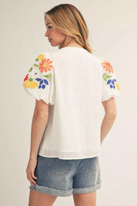 Sunshine Stitch Gingham Embroidered Sleeve Top - White