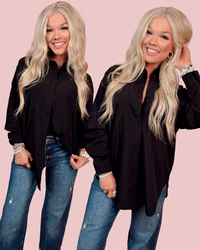 Luxe Lounge Long Sleeve Button Up Top - Black