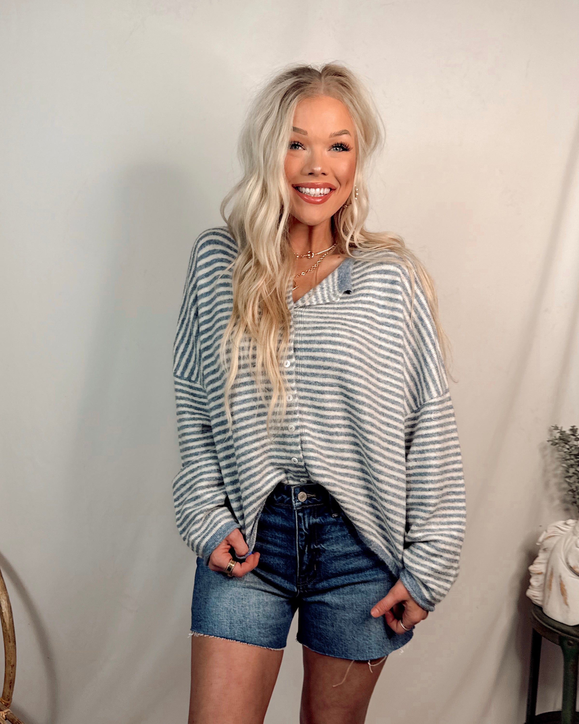 Morning Fog Stripe Knit Top / Cardigan - Dusty Blue