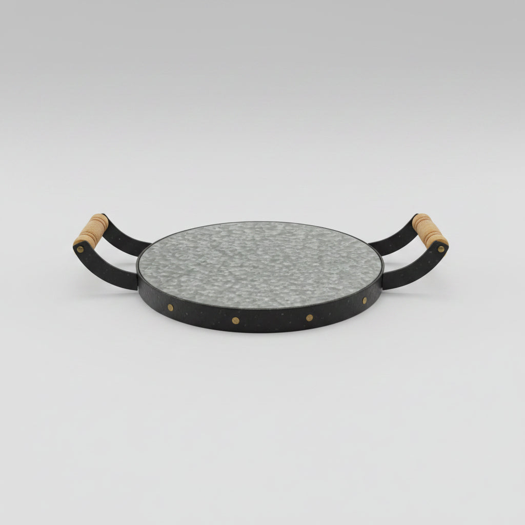 Metal Round Handled Tray w/ Rivet Trim