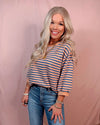 Boardwalk Breeze 3/4 Sleeve Striped Top - Denim and Coral