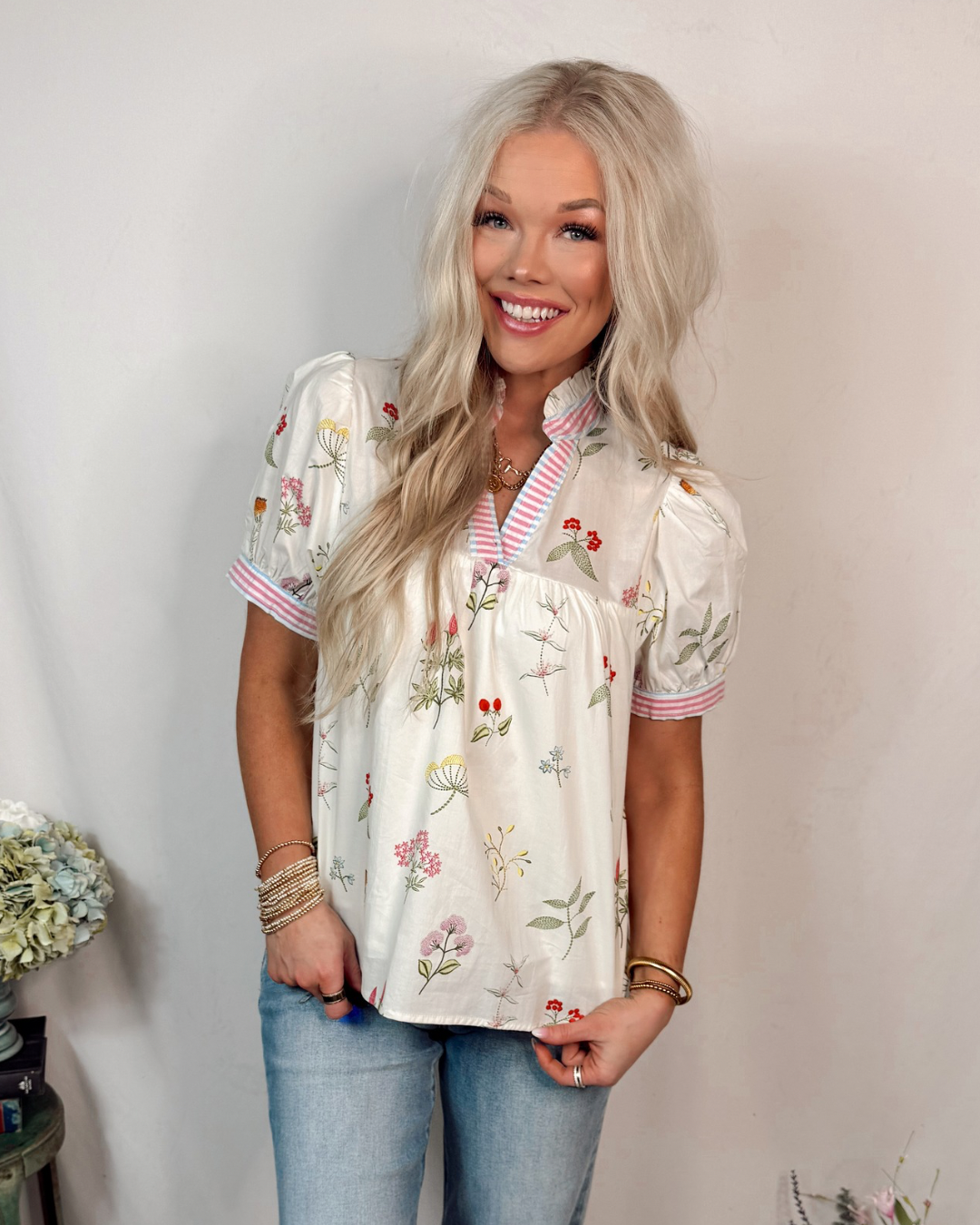 Magnolia Meadow V Neck Floral Detailed Blouse