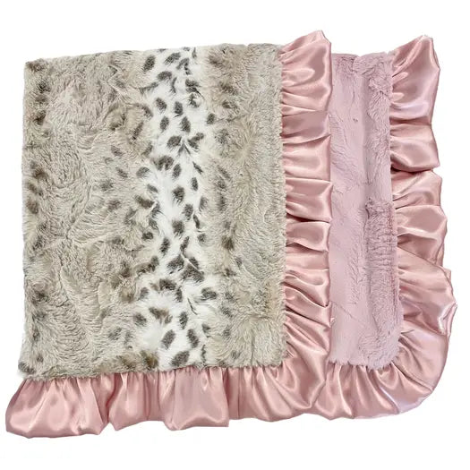 Dusty Pink Snowcat Printed Baby Blanket with Ruffled Satin Trim