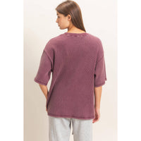 Monday Morning Mineral Wash Ribbed Crew Neck Short Sleeve Basic Blouse in Dark Cherry