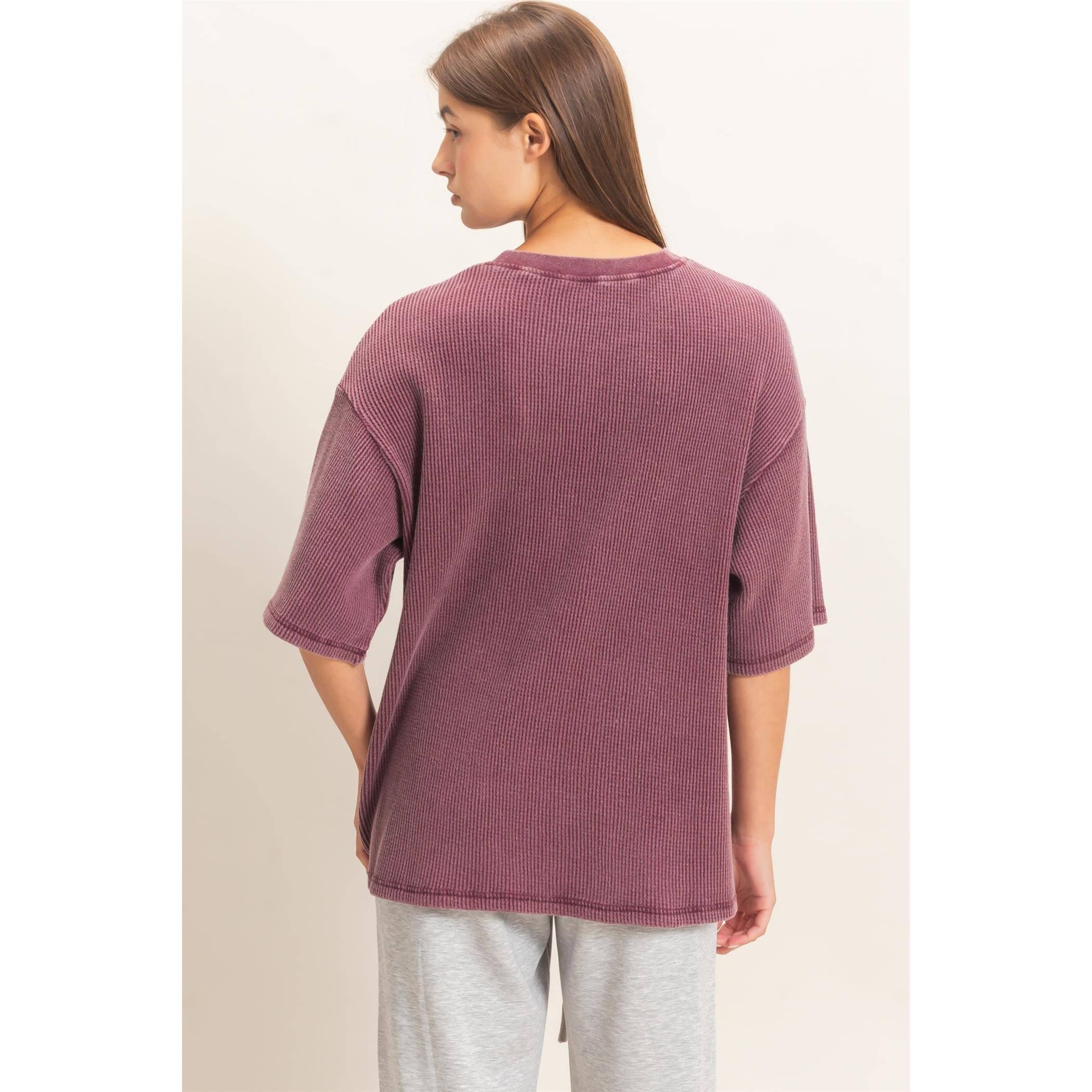 Monday Morning Mineral Wash Ribbed Crew Neck Short Sleeve Basic Blouse in Dark Cherry