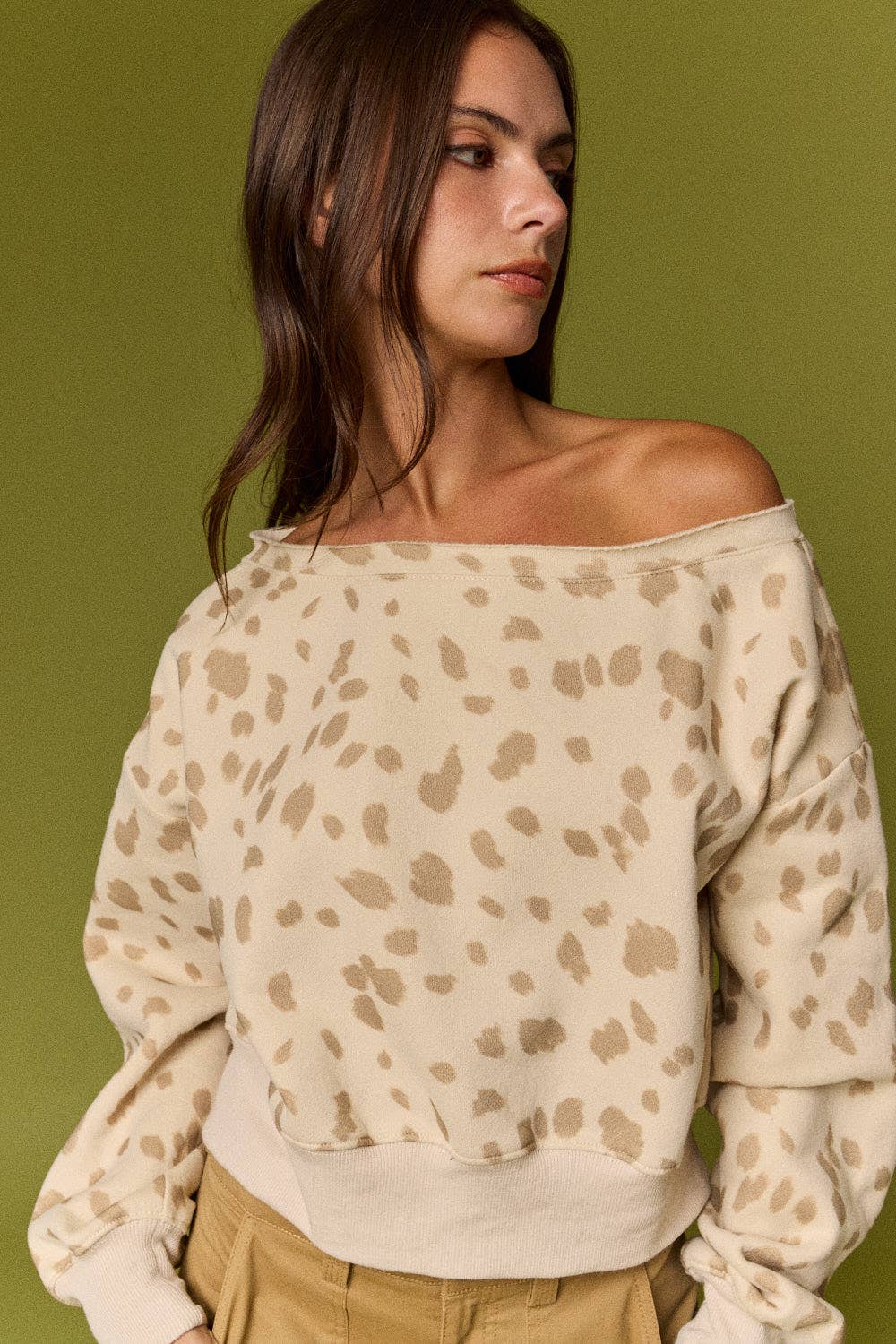 Speckled Spice Spotted Print Off The Shoulder Sweatshirt / Top