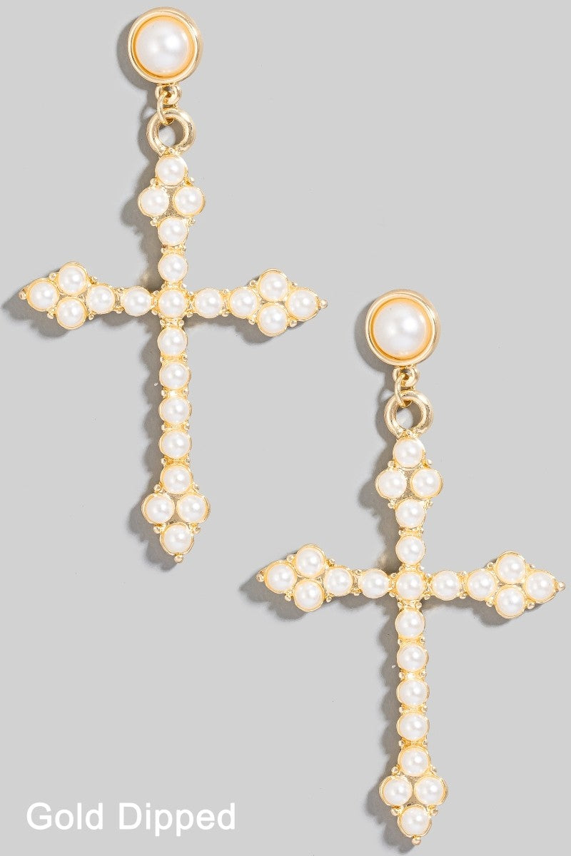 Gleaming with Grace Gold/ Silver Dipped Pearl Cross Earrings