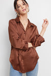 Satin Speak Easy Staple Button Up Blouse - Chocolate