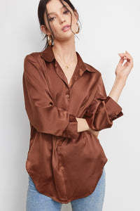 Satin Speak Easy Staple Button Up Blouse - Chocolate