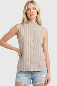 Simple In Stripes Frill Ruffle Detail Sleeveless Blouse in Taupe